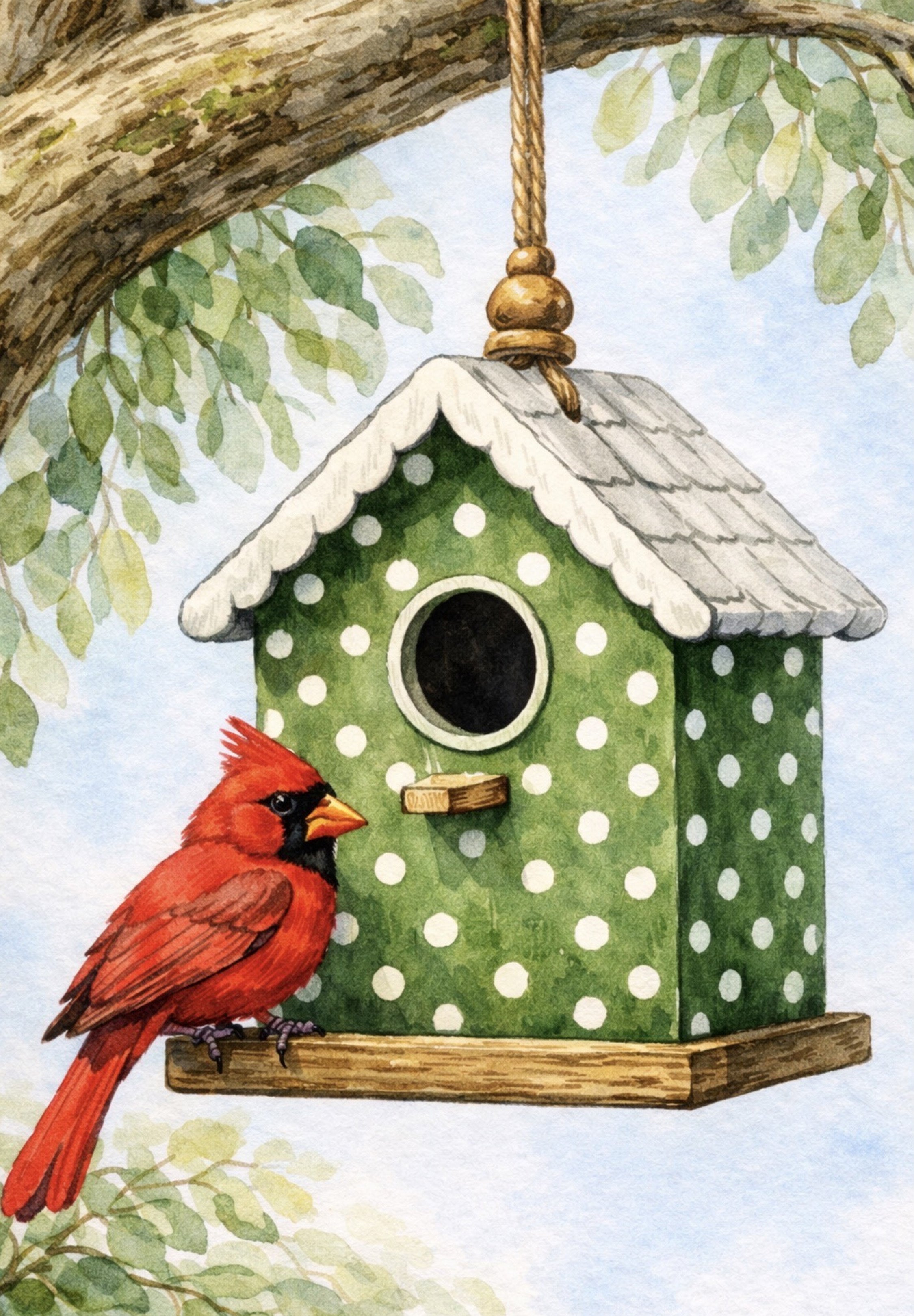 CARDINAL WITH POLKA DOT BIRDHOUSE
