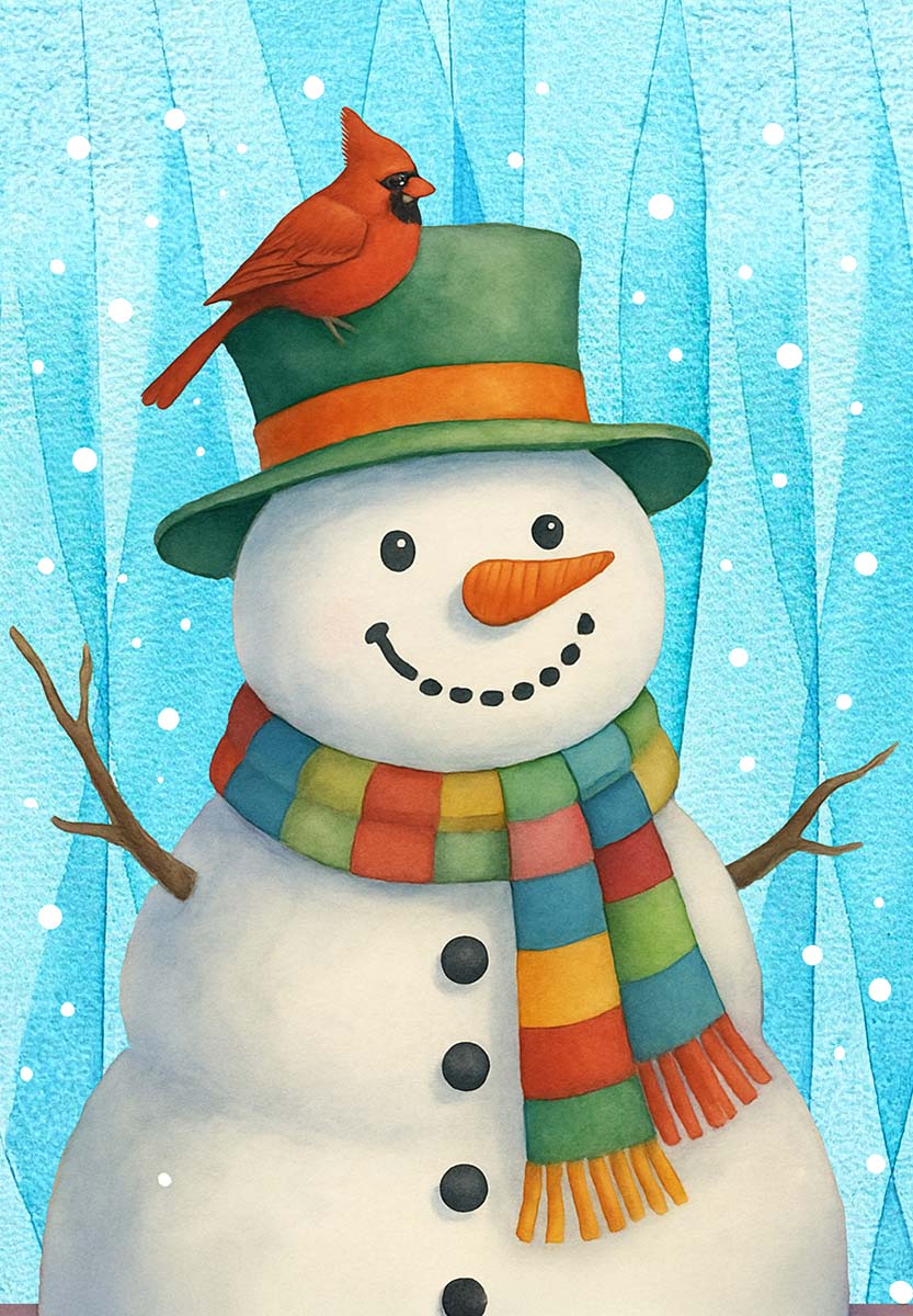 COLORFUL SNOWMAN WITH CARDINAL