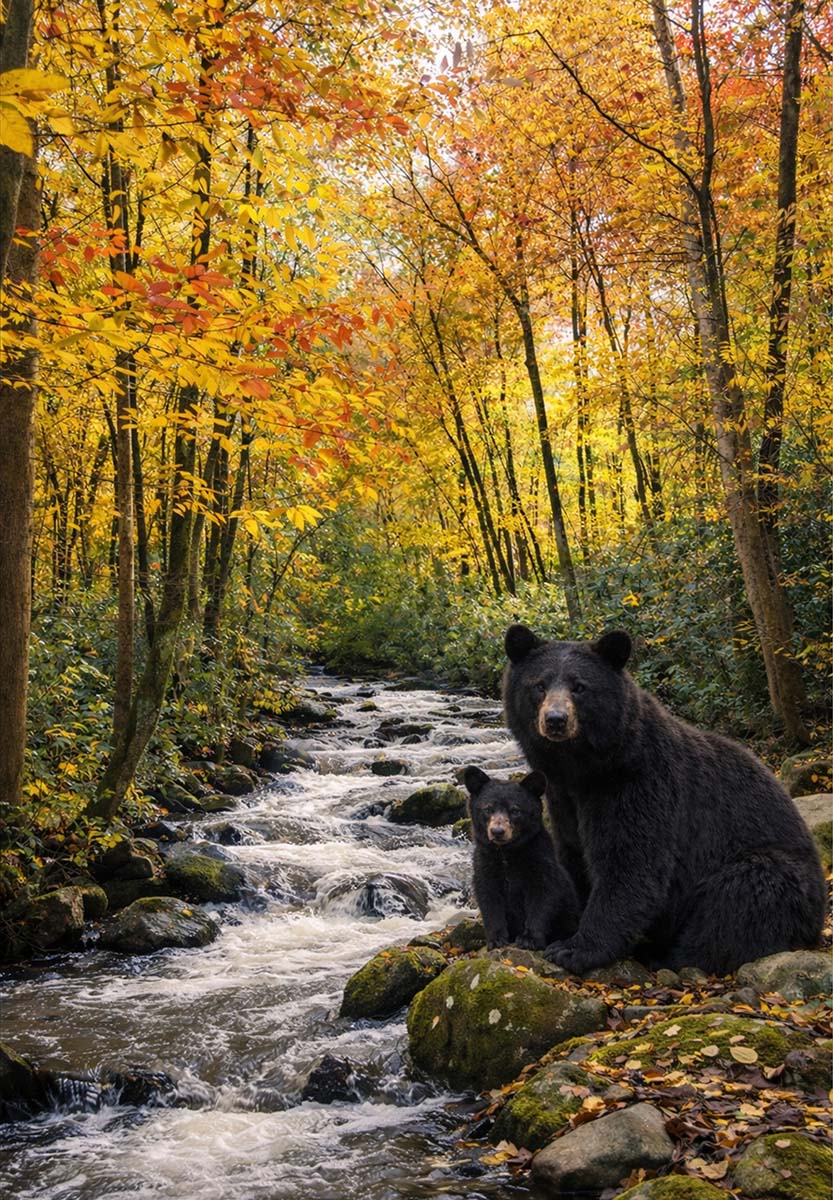 FALL BEARS BY STREAM