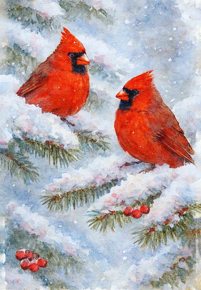 SNOWY CARDINALS